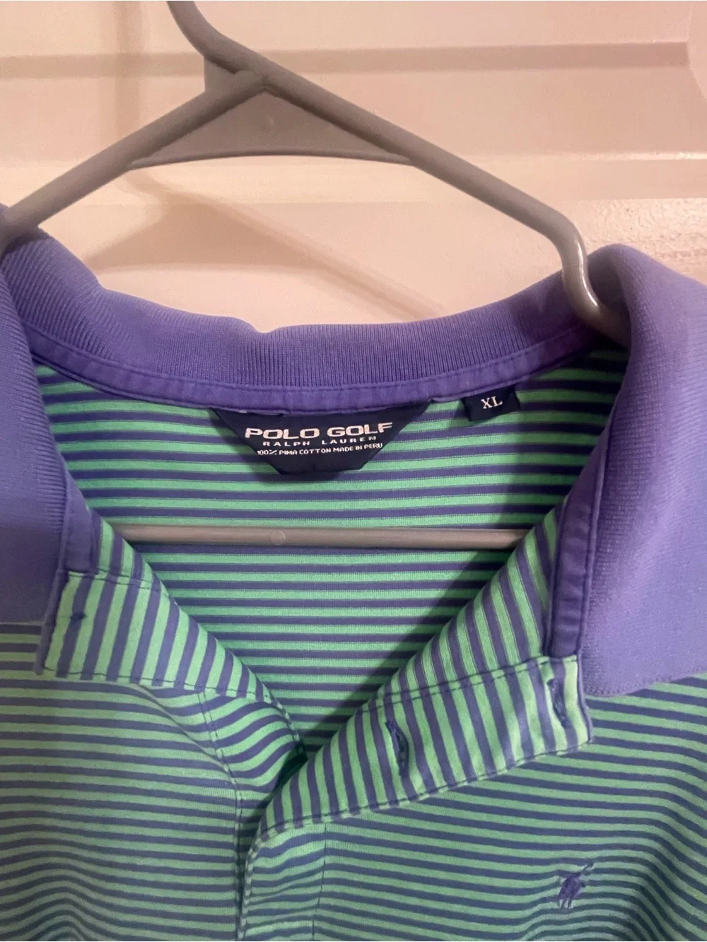Ralph Lauren Green Striped Polo with Purple Collar